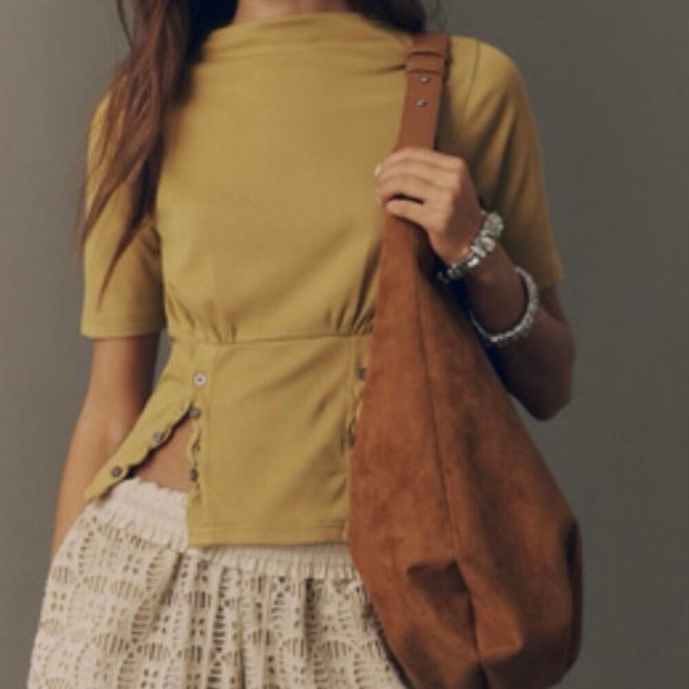 NWT Anthropologie Pilcro L Cotton Modal Honey Boat Neck Button Sides Waist Top